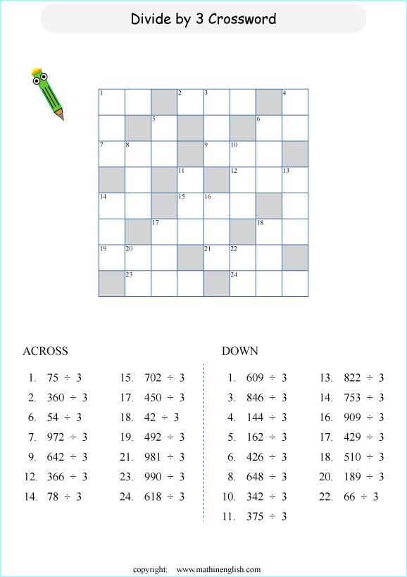 printable division crossword worksheets for kids in primary and elementary math class 