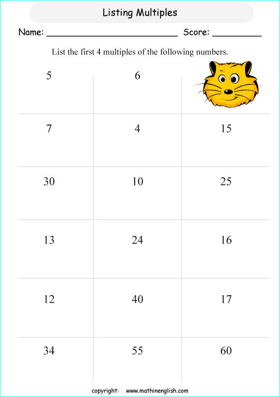 listing multilpes and factors worksheets for grade 1 to 6 