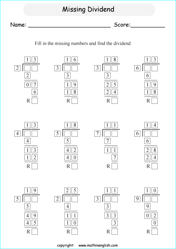 printable math missing numbers division worksheets for kids in primary and elementary math class 