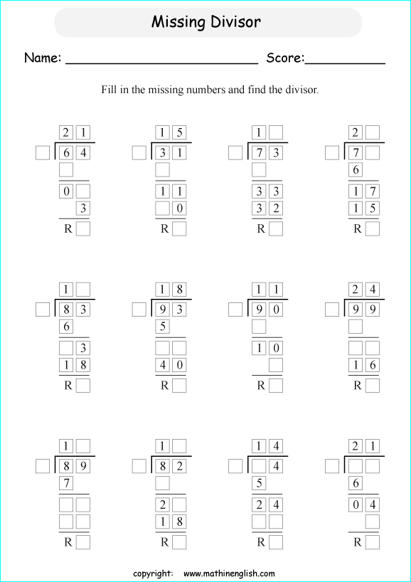 printable math missing numbers division worksheets for kids in primary and elementary math class 