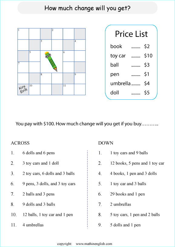 printable math multiplication crossword puzzle worksheets for kids in primary and elementary math class 