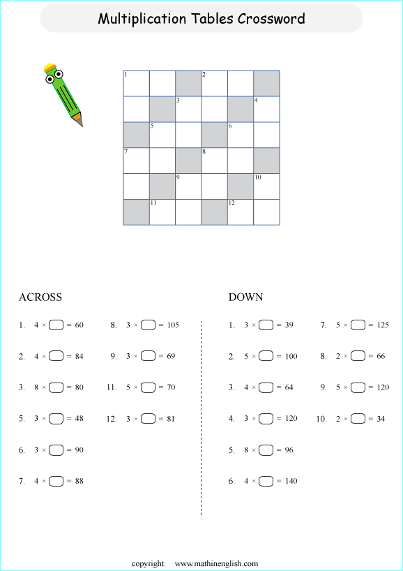 printable math multiplication crossword puzzle worksheets for kids in primary and elementary math class 