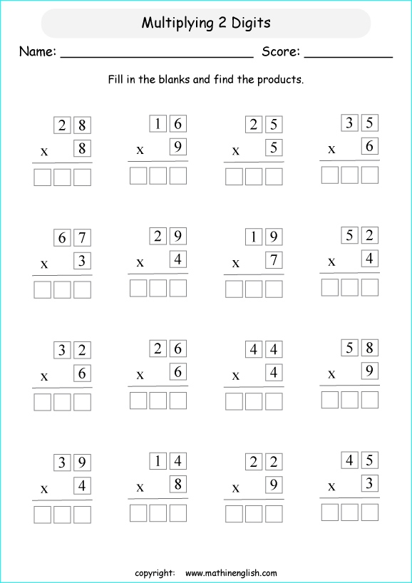 printable math multiplication 2 digits by 1 digit worksheets for kids in primary and elementary math class 