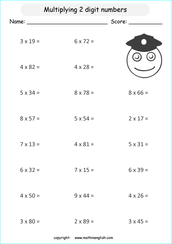 printable math multiplication 2 digits by 1 digit worksheets for kids in primary and elementary math class 