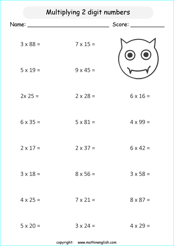 printable math multiplication 2 digits by 1 digit worksheets for kids in primary and elementary math class 