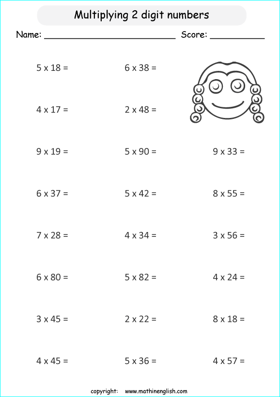 printable math multiplication 2 digits by 1 digit worksheets for kids in primary and elementary math class 