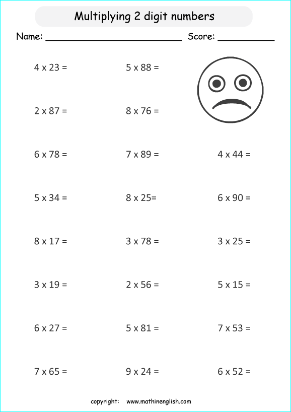 printable math multiplication 2 digits by 1 digit worksheets for kids in primary and elementary math class 