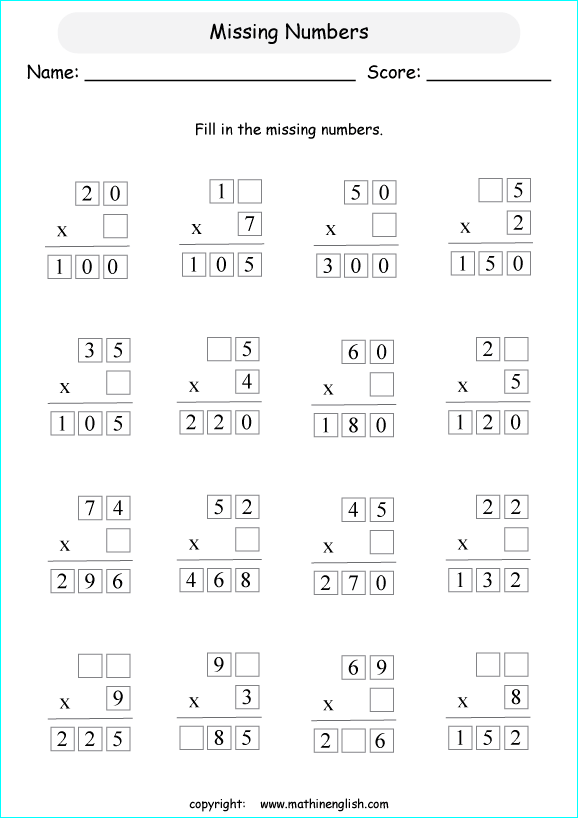 printable math multiplication missing numbers worksheets for kids in primary and elementary math class 