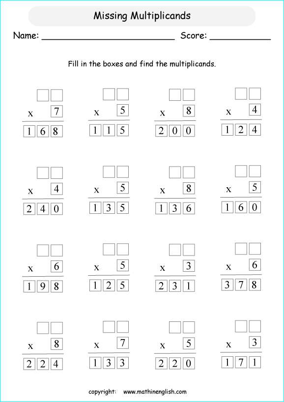 printable math multiplication missing numbers worksheets for kids in primary and elementary math class 