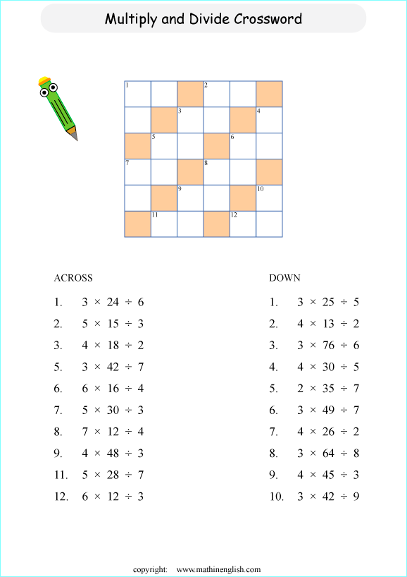 printable division crossword worksheets for kids in primary and elementary math class 