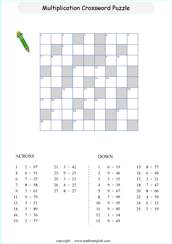 printable math multiplication crossword puzzle worksheets for kids in primary and elementary math class 