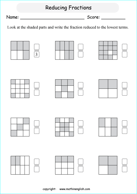 printable reducing and simplifying fractions worksheets for kids in primary and elementary math class 