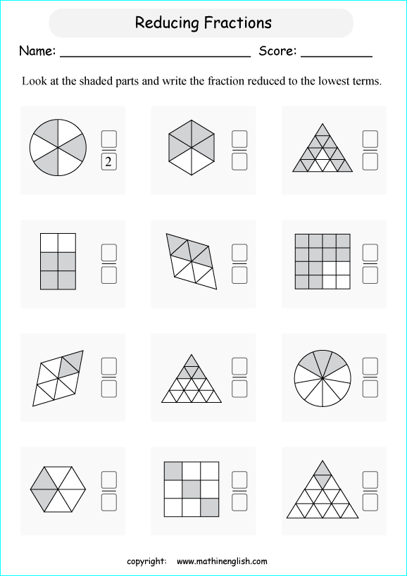 printable reducing and simplifying fractions worksheets for kids in primary and elementary math class 