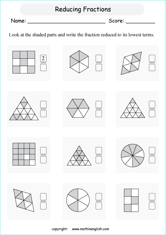 printable reducing and simplifying fractions worksheets for kids in primary and elementary math class 