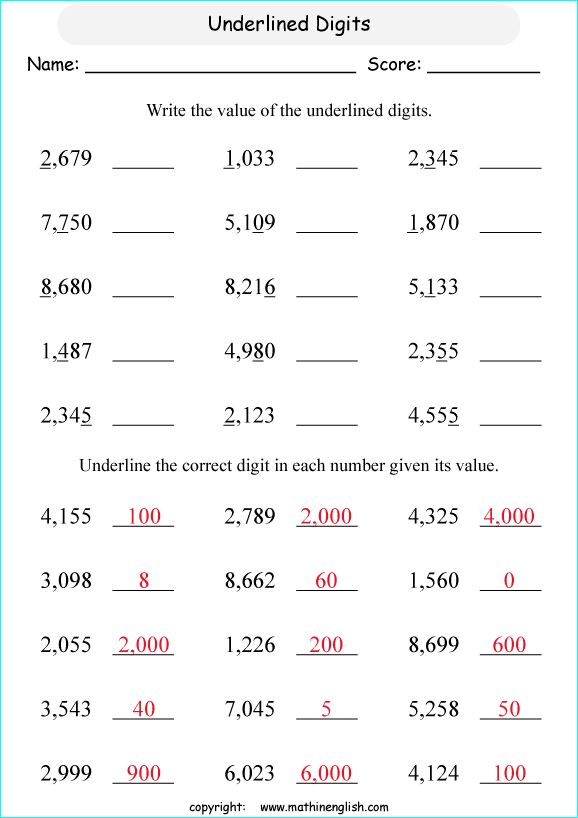 printable math place value of 4 digit number worksheets for kids in primary and elementary math class 