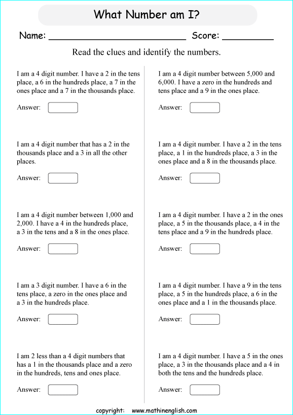 printable math place value of 4 digit number worksheets for kids in primary and elementary math class 