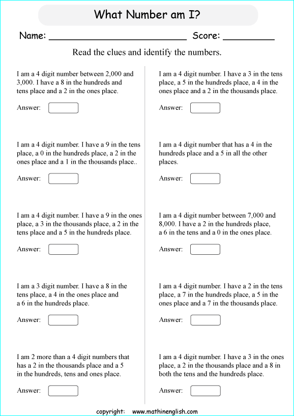 printable math place value of 4 digit number worksheets for kids in primary and elementary math class 