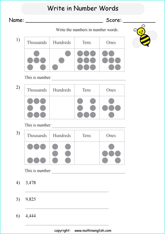 printable math writing and spelling large numbers worksheets