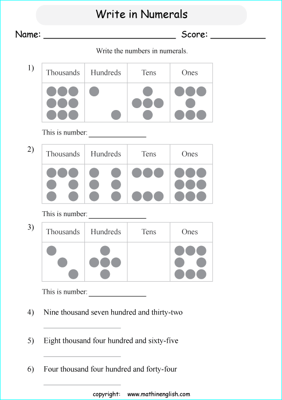 printable math writing and spelling large numbers worksheets