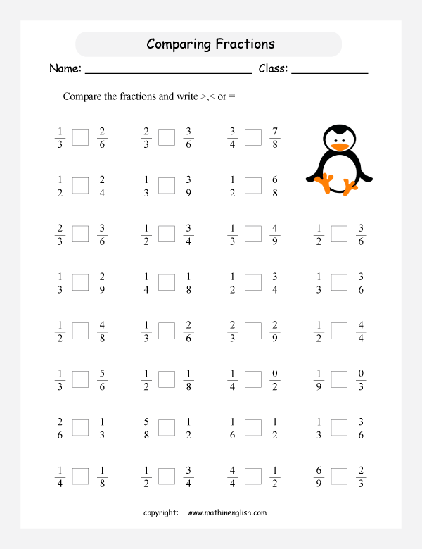 printable comparing and ordering fractions worksheets for kids in primary and elementary math class 