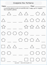 patterns with shapes geometry math worksheets for primary math class 