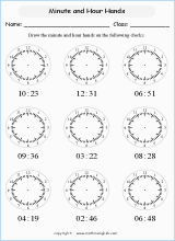 drawing hands on clocks worksheets for primary math