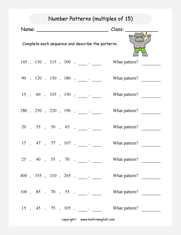 printable math number pattern worksheets for kids in primary and elementary math class 