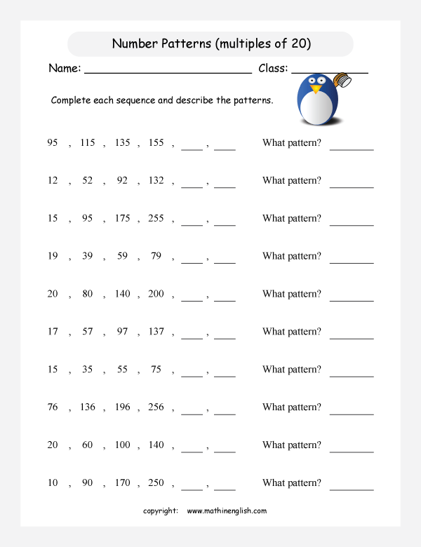 printable math number pattern worksheets for kids in primary and elementary math class 