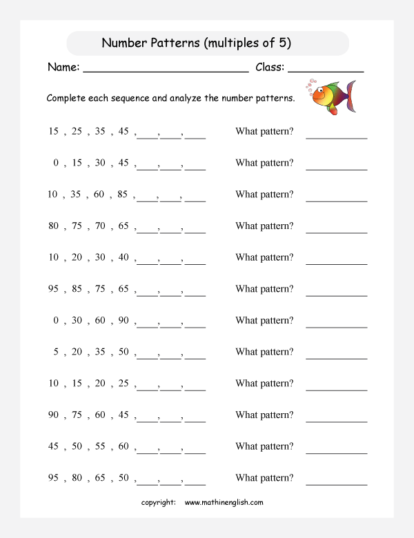 printable math number pattern worksheets for kids in primary and elementary math class 