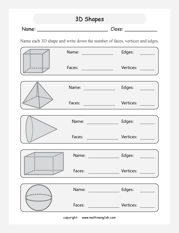 3d shapes names and properties worksheet