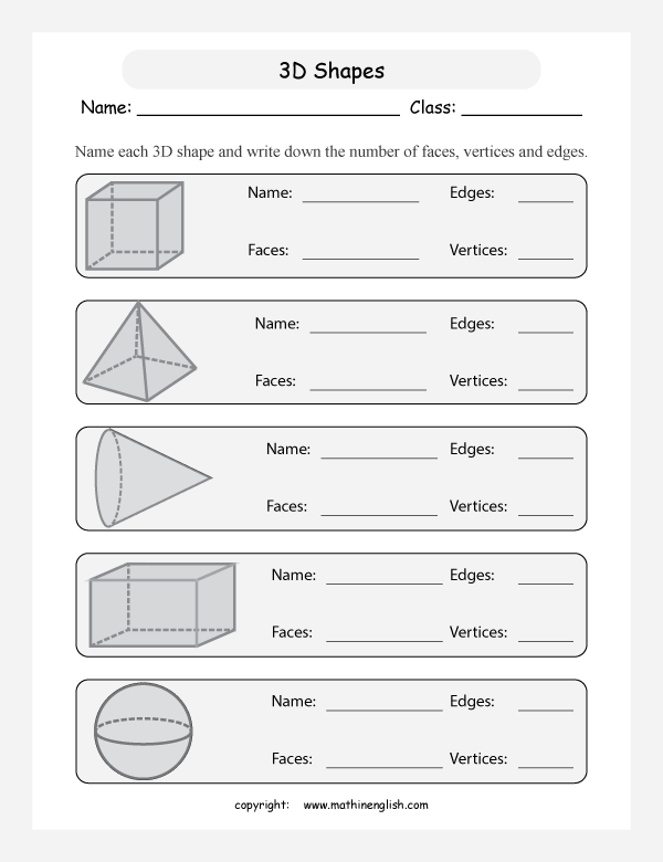 1st grade math worksheets 3d shapes