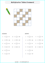 printable math multiplication crossword puzzle worksheets for kids in primary and elementary math class 