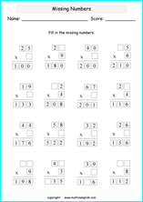 printable math multiplication missing numbers worksheets for kids in primary and elementary math class 