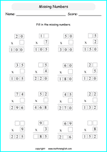 printable math multiplication missing numbers worksheets for kids in primary and elementary math class 