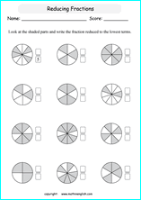 printable reducing and simplifying fractions worksheets for kids in primary and elementary math class 