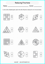 printable reducing and simplifying fractions worksheets for kids in primary and elementary math class 