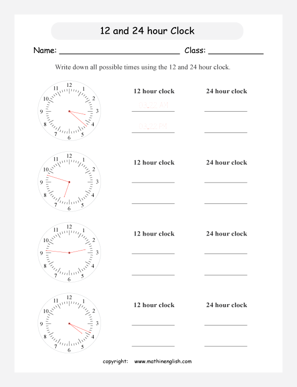 24 hour clock worksheets for primary math