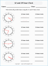 24 hour clock worksheets for primary math