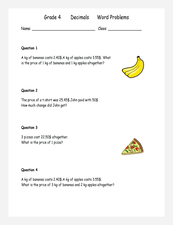 decimal word problems worksheets for grade 1 to 6 