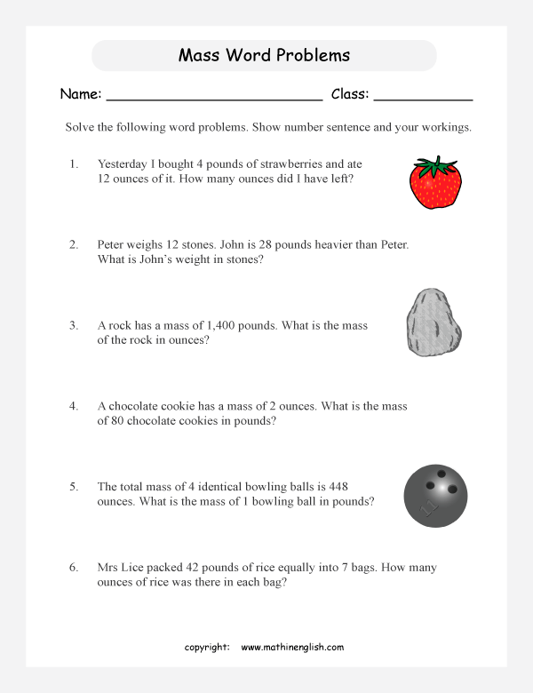 mass and weight word problem worksheets for primary math  