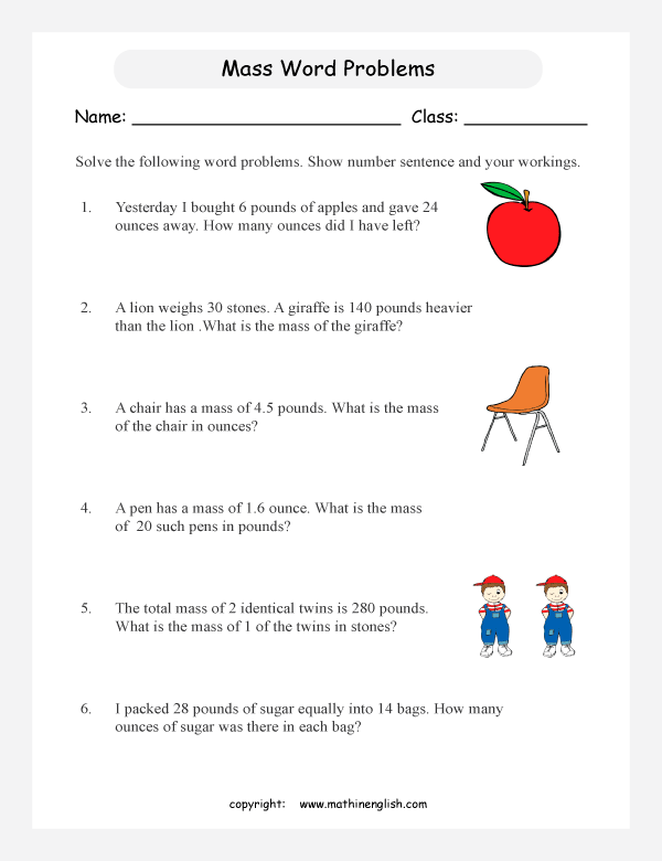 mass and weight word problem worksheets for primary math  