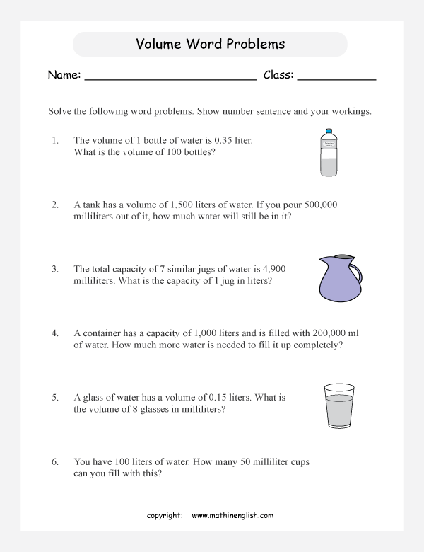 volume and capacity word problems worksheets for primary math