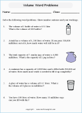 volume and capacity word problems worksheets for primary math