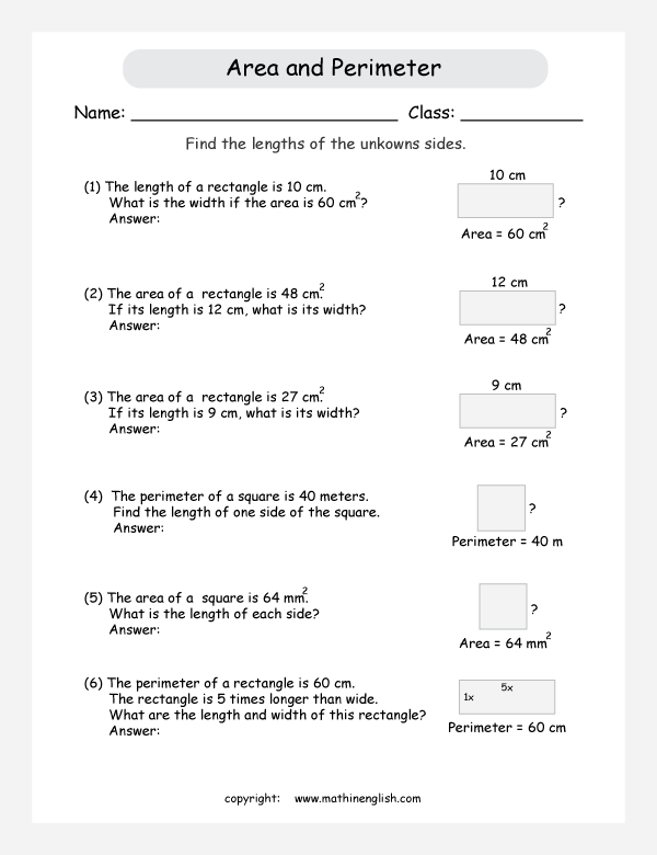 perimeter and area worksheets for grade 6