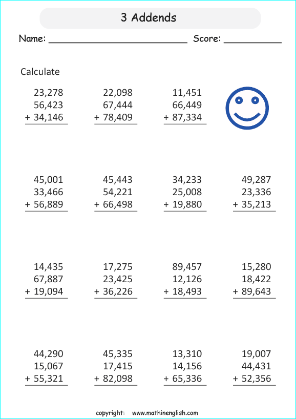 printable math addition large numbers worksheets