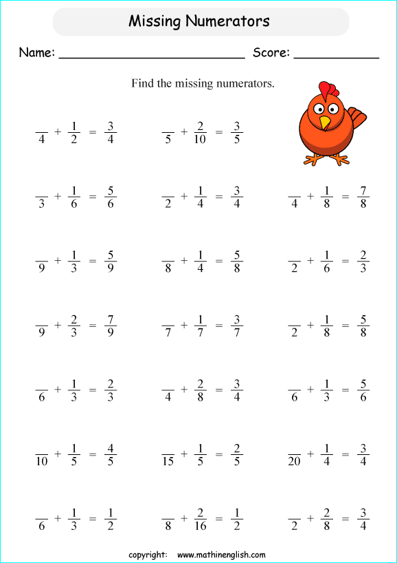printable math unlike fraction subtraction worksheets for kids in primary and elementary math class 