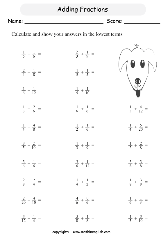 printable adding unlike fractions worksheets for kids in primary and elementary math class 