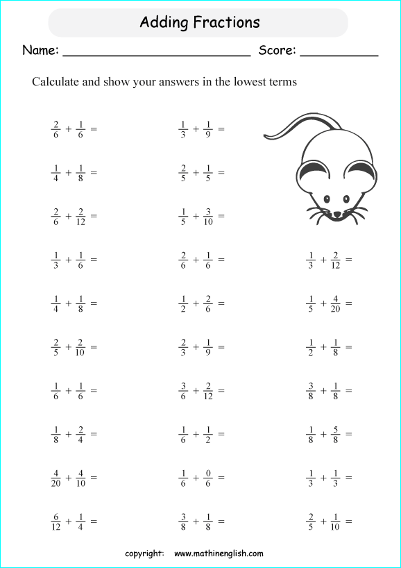 printable adding unlike fractions worksheets for kids in primary and elementary math class 