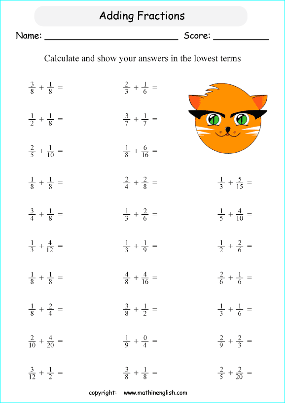 printable math addition unlike fractions worksheets