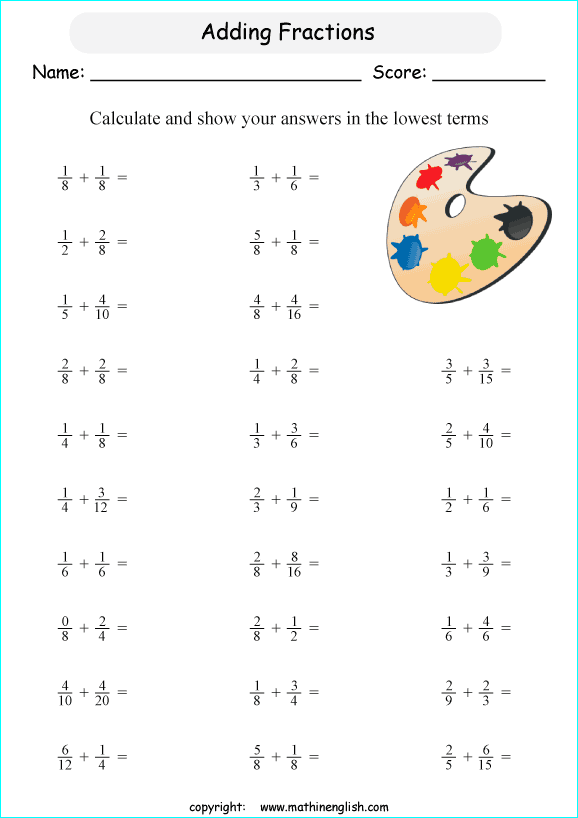 printable adding unlike fractions worksheets for kids in primary and elementary math class 